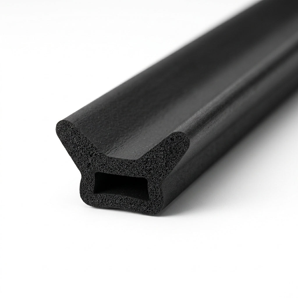 Black sponge rubber seal with T-shaped fin, angled length shot on white background