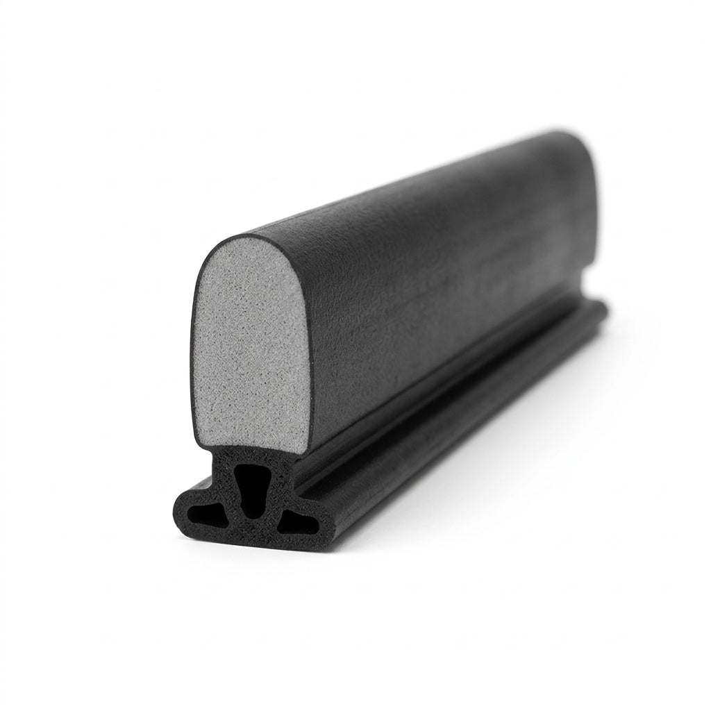 Black rubber sponge section seal with grey foam core, angled length on white background