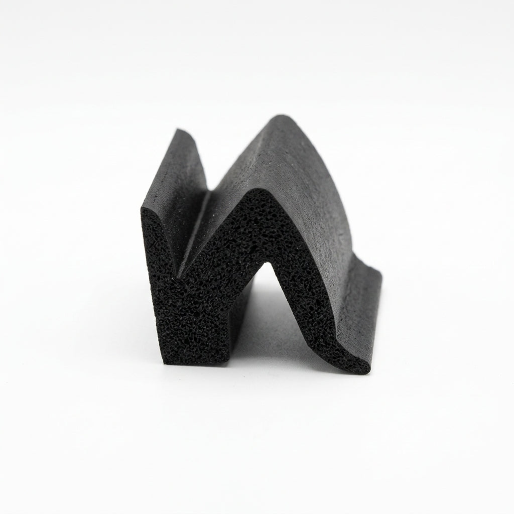 Black sponge rubber section with zigzag M-shaped profile, cut end showing porous cell structure