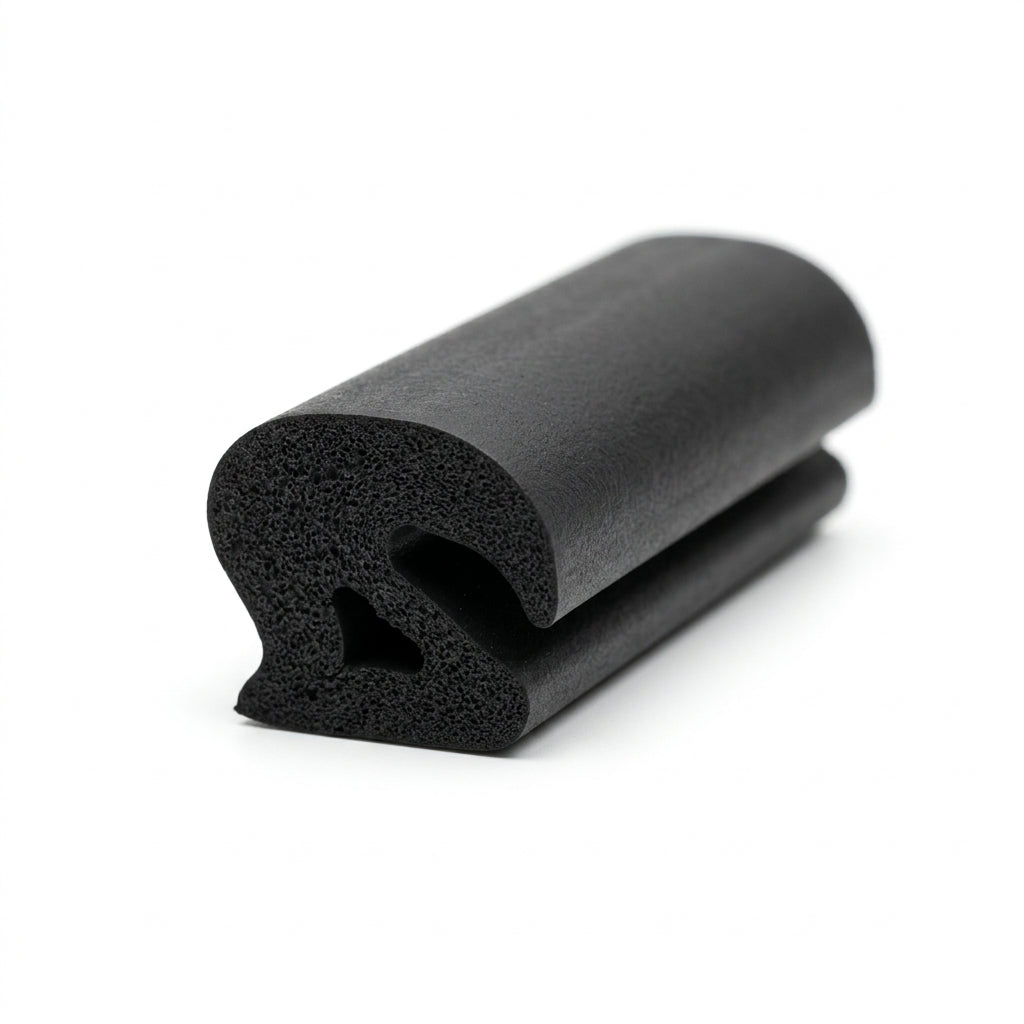 Black sponge rubber seal with hooked fin, angled studio shot on white background