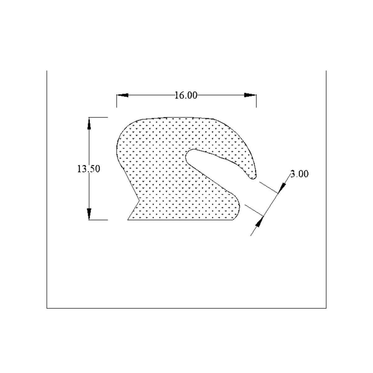 Technical diagram of hooked sponge seal profile with 16.00, 13.50 and 3.00mm dimensions