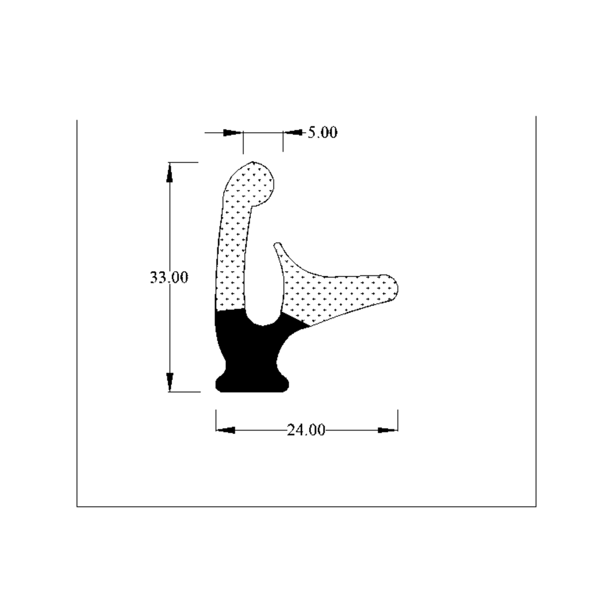 Technical diagram of hooked sponge seal profile with 33.00, 24.00 and 5.00mm dimensions