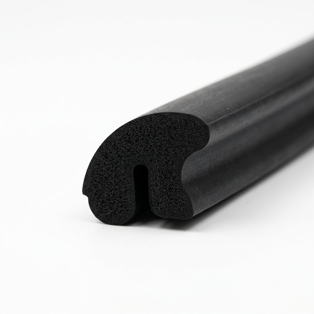 Black sponge rubber seal with curled notch, angled length shot on white background
