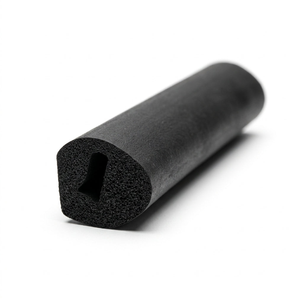 Black sponge rubber seal with teardrop channel, coiled length on white background