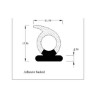 Dimensioned diagram of the hooked bulb seal on a solid black base, marked adhesive backed