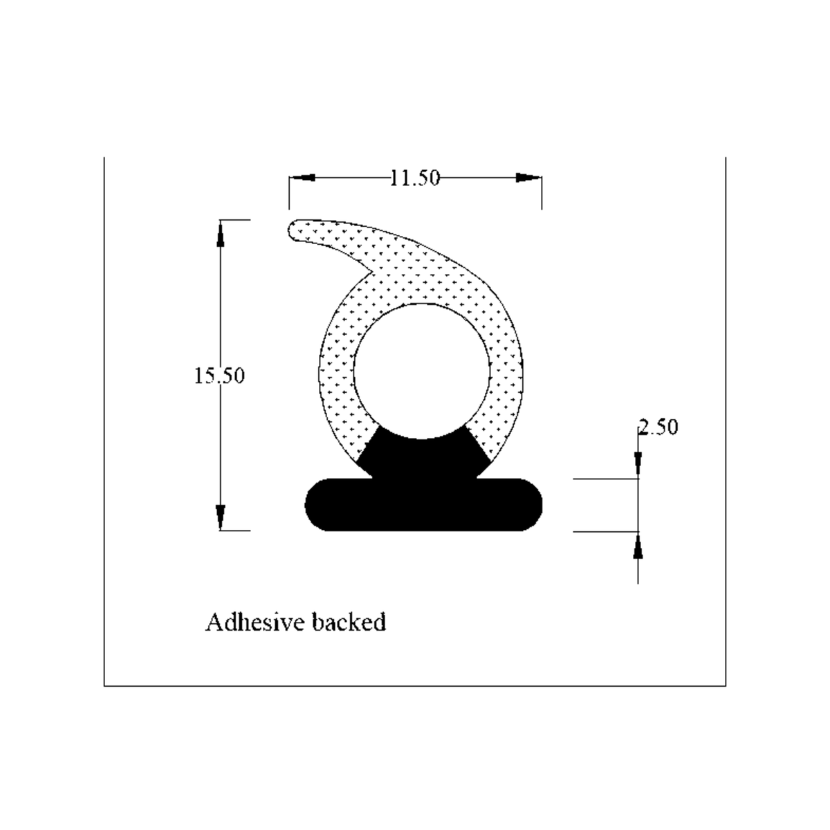 Dimensioned diagram of the hooked bulb seal on a solid black base, marked adhesive backed