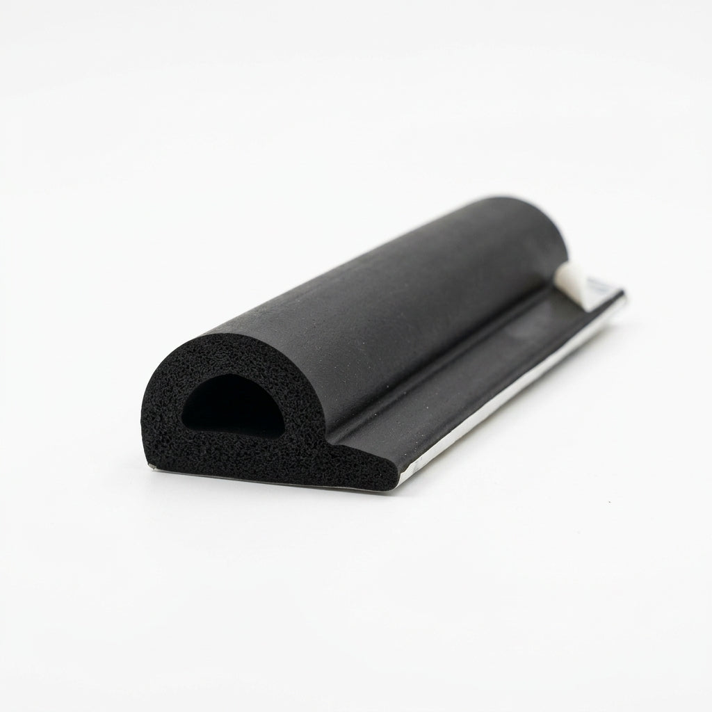 Black D-shaped sponge section with a flat mounting flange and white adhesive tape, cut end
