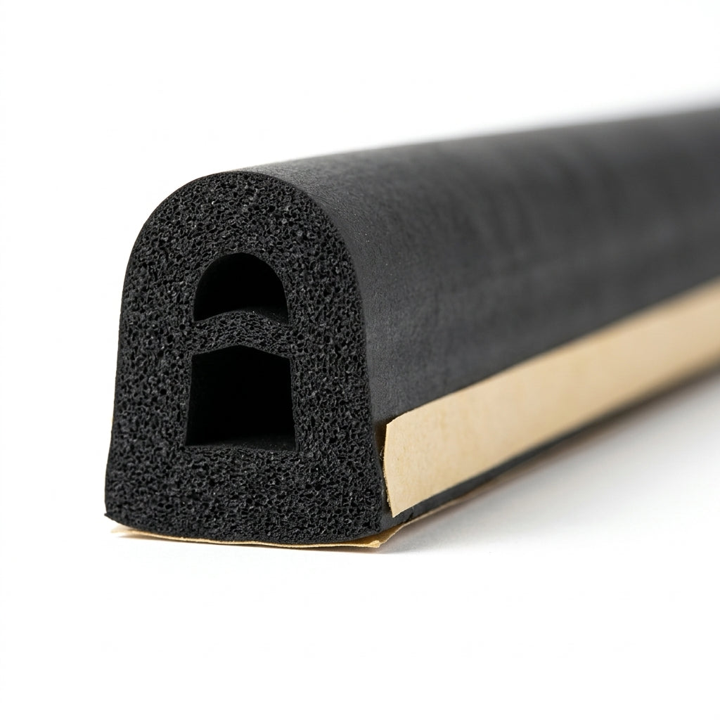 Black arched sponge section with square-topped hollow bore and gold adhesive backing, cut end