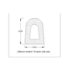 Dimensioned arched-bore diagram, 9mm x 10mm, noting adhesive backed 50 metre coils