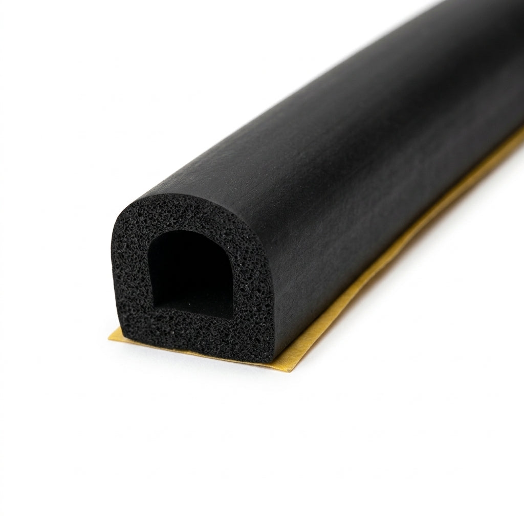 Black hollow D-shaped sponge section with tan adhesive backing, angled studio shot of cut end