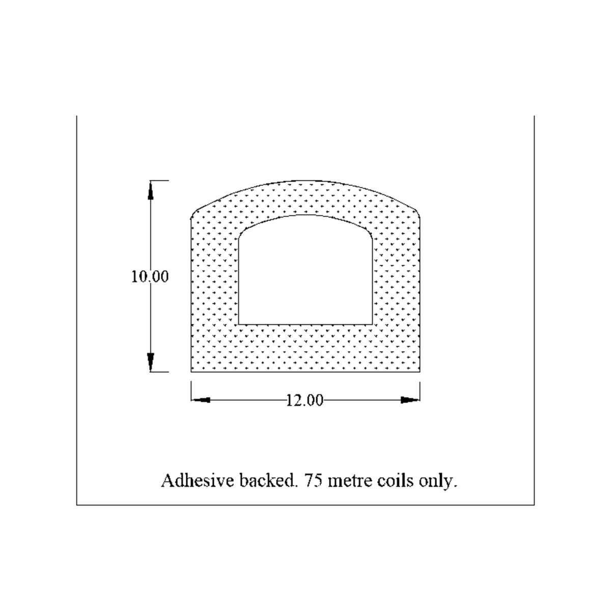 Dimensioned hollow-arch diagram, 12mm x 10mm, noting adhesive backed 75 metre coils