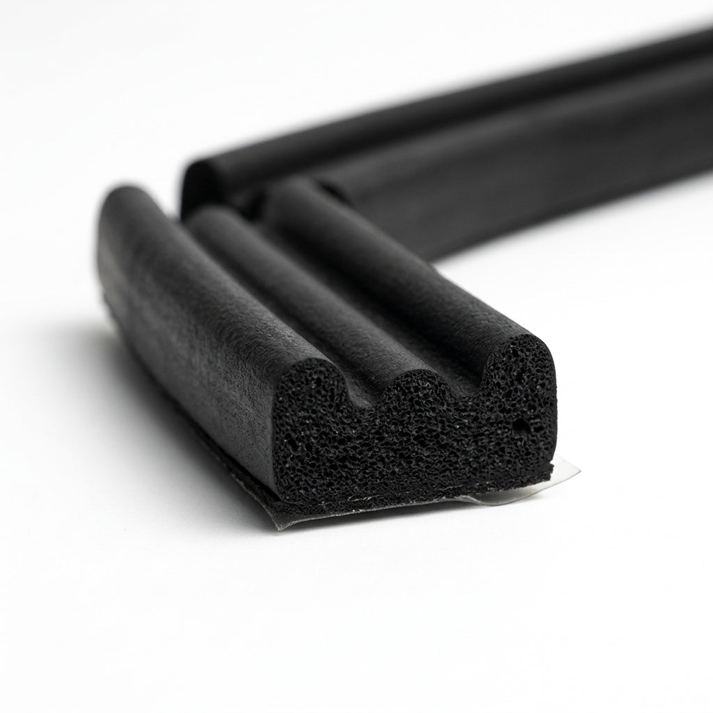 Black triple-bead sponge crown strip curved into a U-shape, adhesive backing visible on the cut end