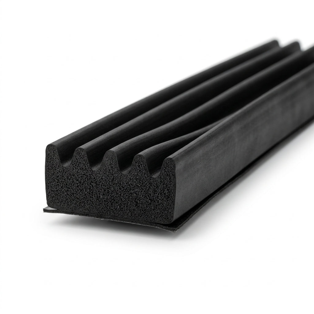 Length of black sponge crown strip with deep corrugated ridges on tape backing