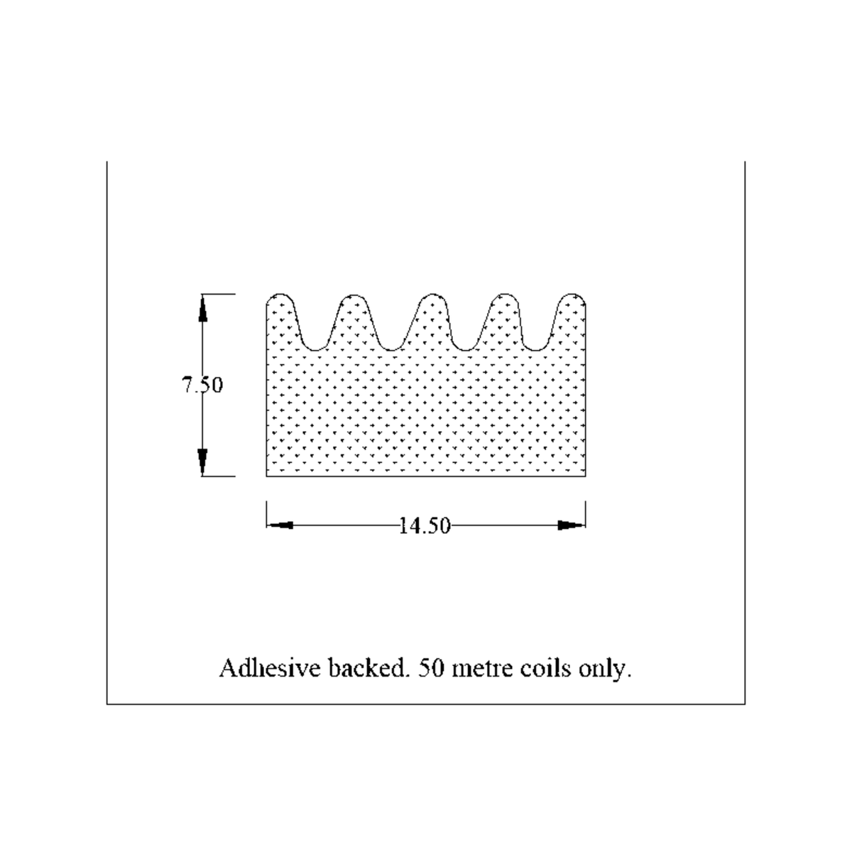 Diagram of crown sponge strip, 14.50mm x 7.50mm, adhesive backed, 50m coils