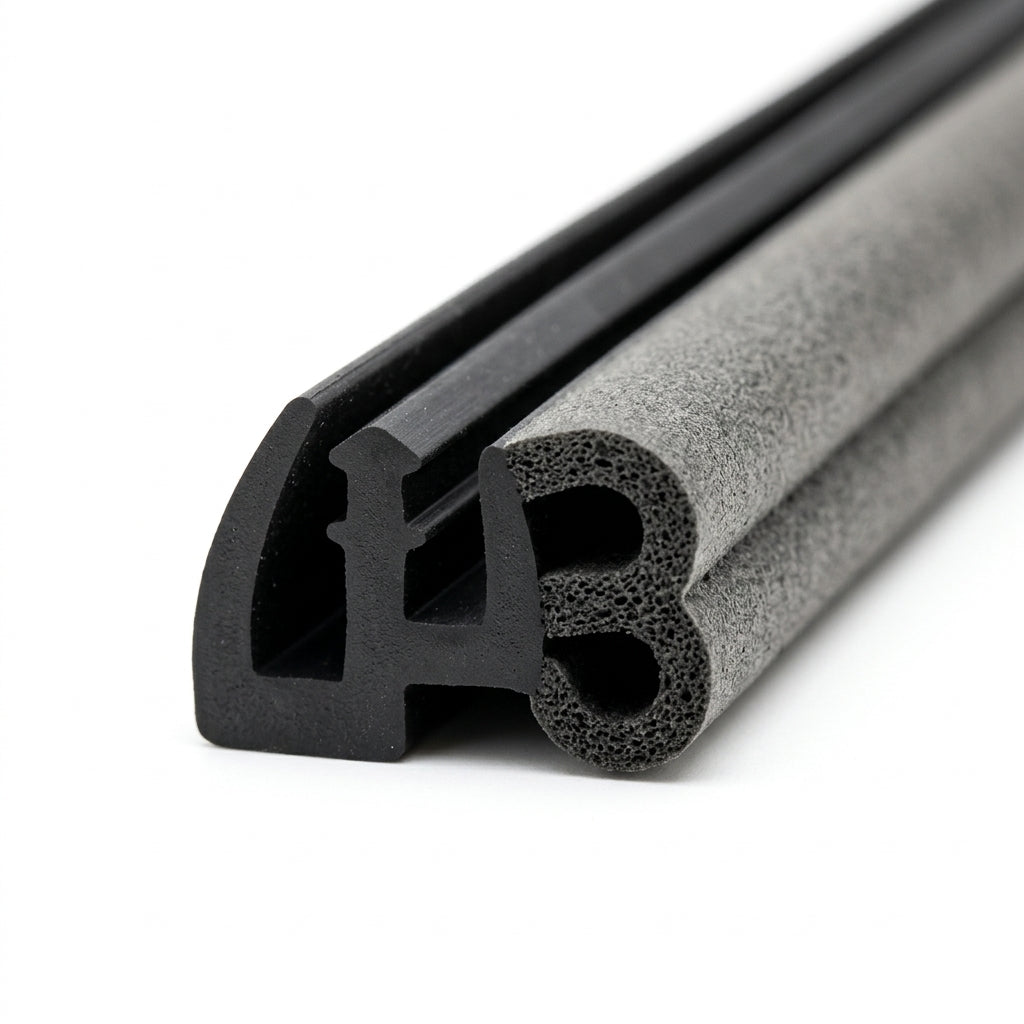 Coiled length of dual-material door seal, smooth black leg beside a grey sponge figure-of-eight bulb.