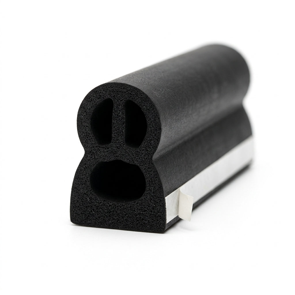 Black sponge figure-8 seal with twin hollow bores and white adhesive tape