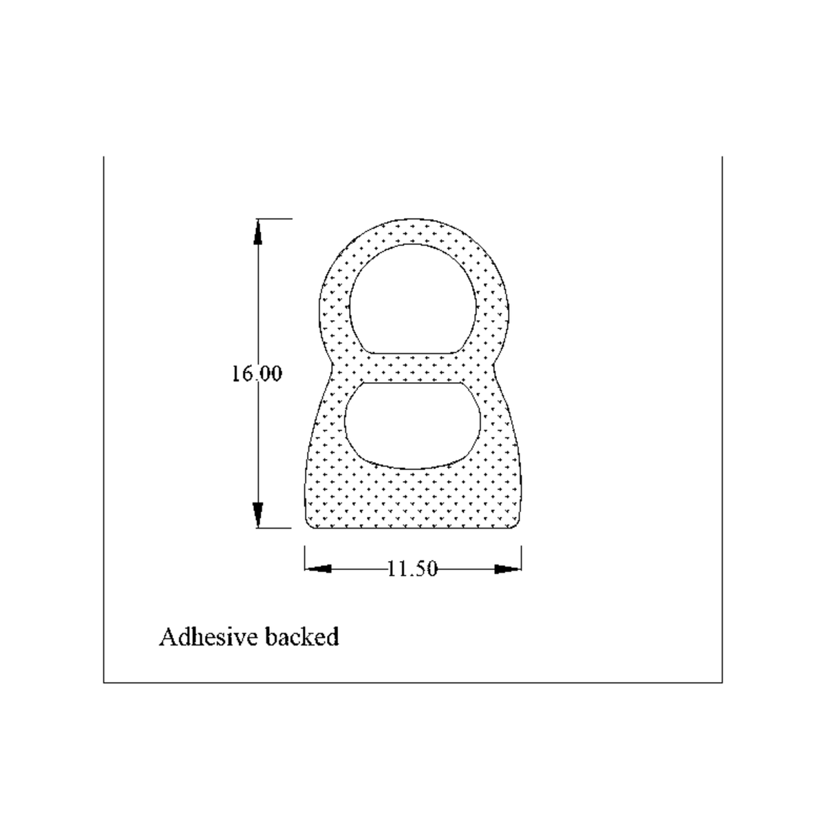 Cross-section diagram of figure-8 sponge seal, 11.50mm x 16.00mm, adhesive backed
