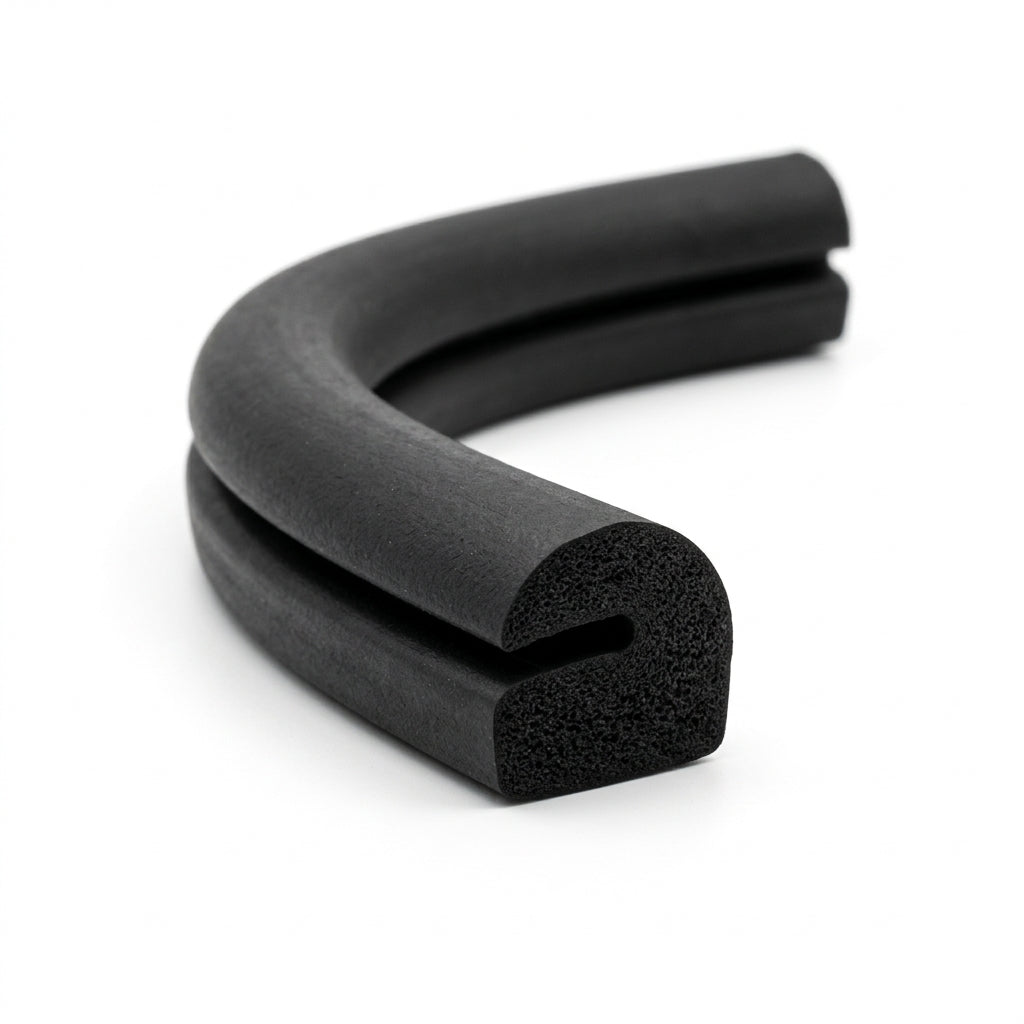 Curved length of black sponge rubber with a notched profile, cut end showing porous texture