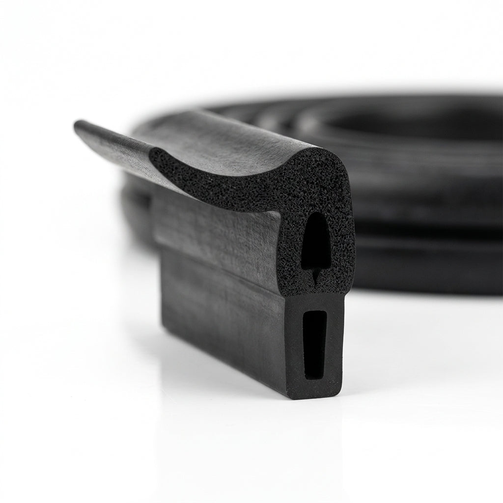 Coiled black dual-hardness hood seal with curved sealing lip, studio shot