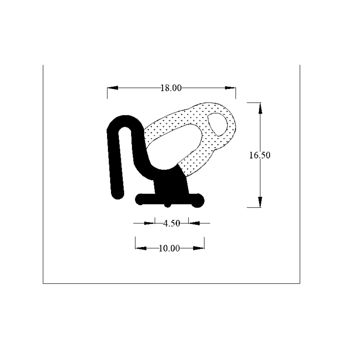 Technical diagram of double bubble door seal profile, 18.00mm wide and 16.50mm tall