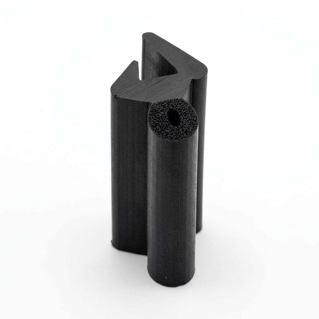 Black dual hardness rubber extrusion standing upright, studio shot