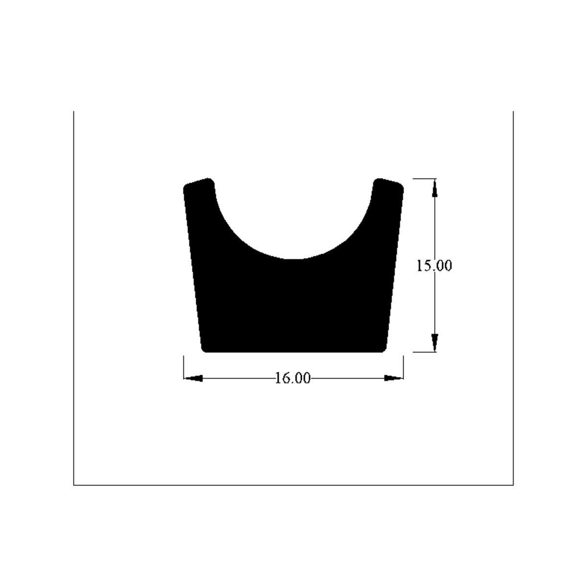 Technical diagram of U-channel header rail seal profile with dimensions 16.00 and 15.00