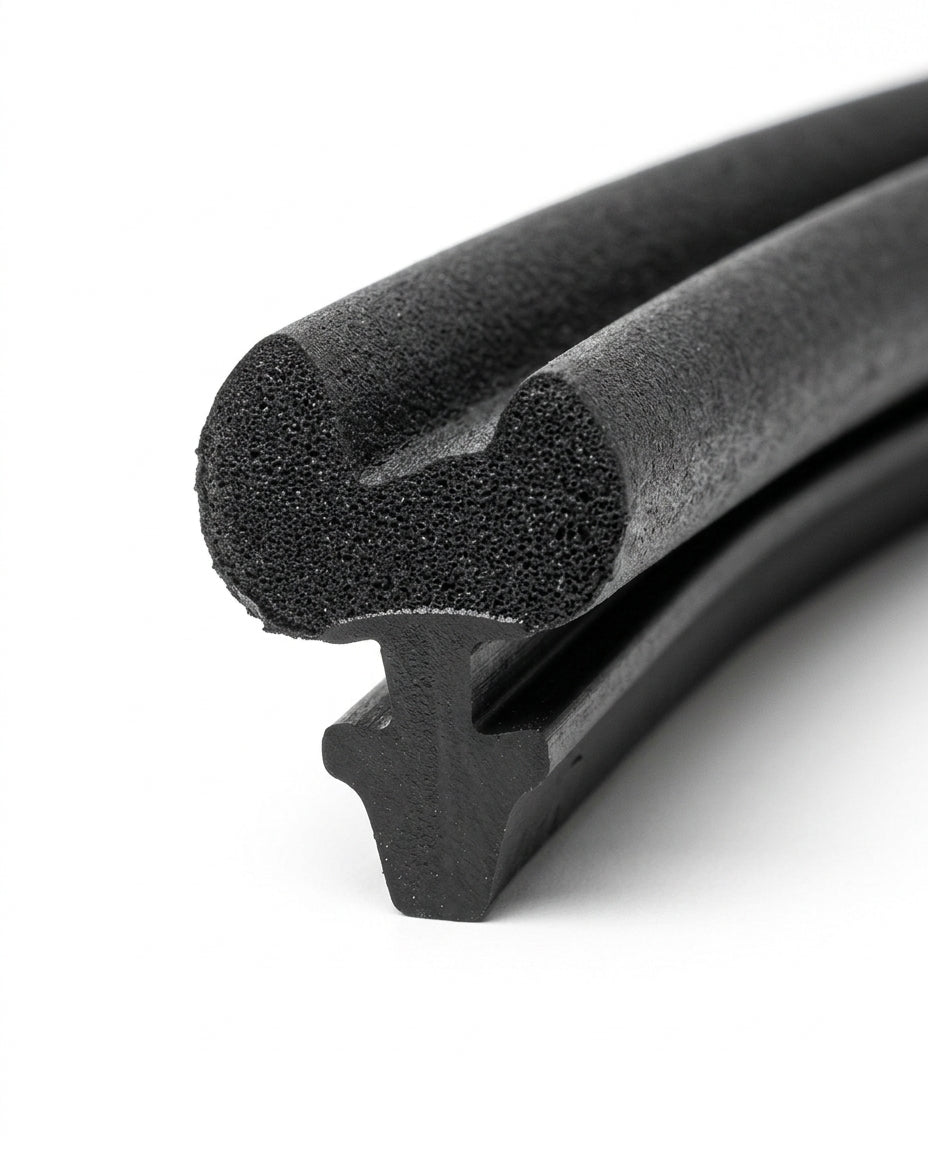 Black sponge-edged windscreen seal profile with T-section foot, studio shot