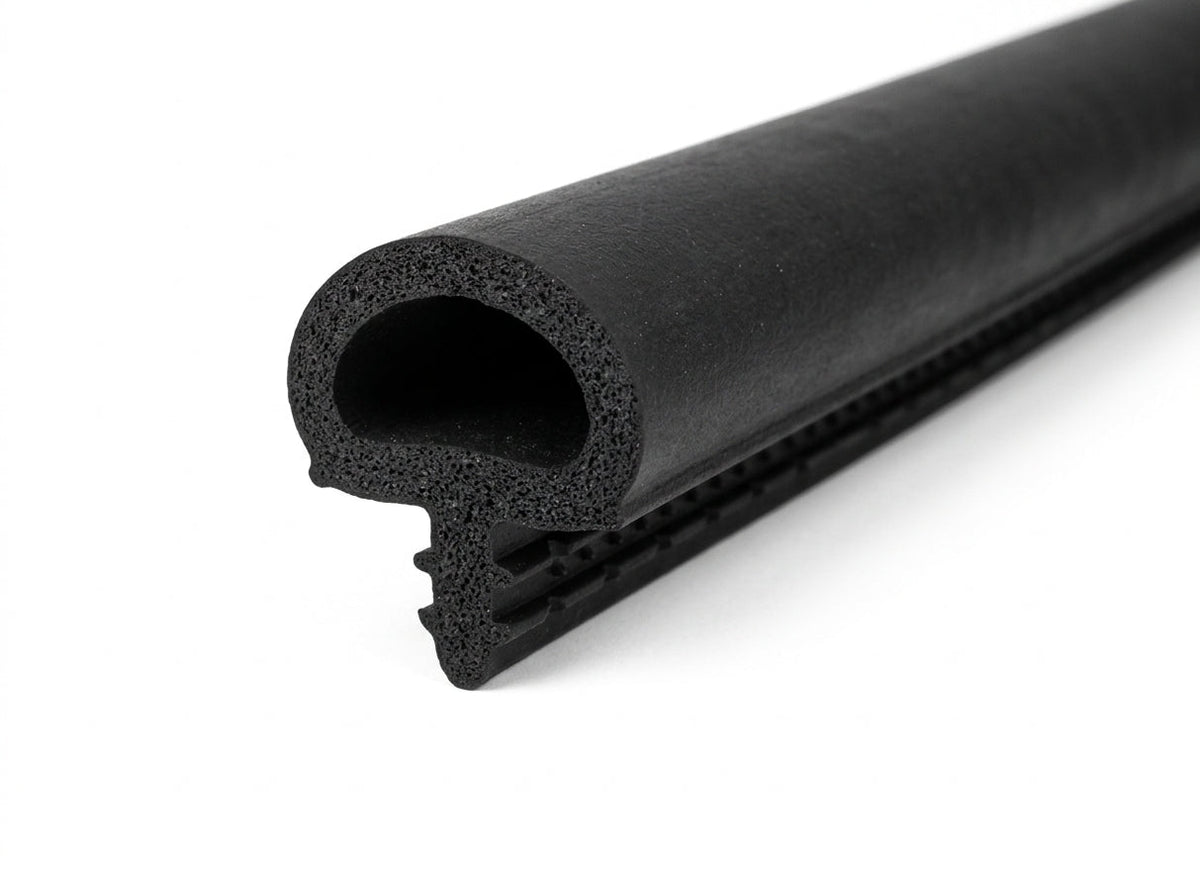 Black bulb-shaped boot lid seal with ribbed fixing flange, studio white background