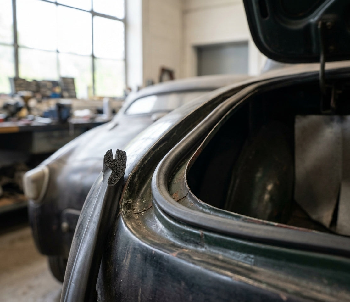 Boot lid seal fitted to a dark green Triumph's boot edge, close-up