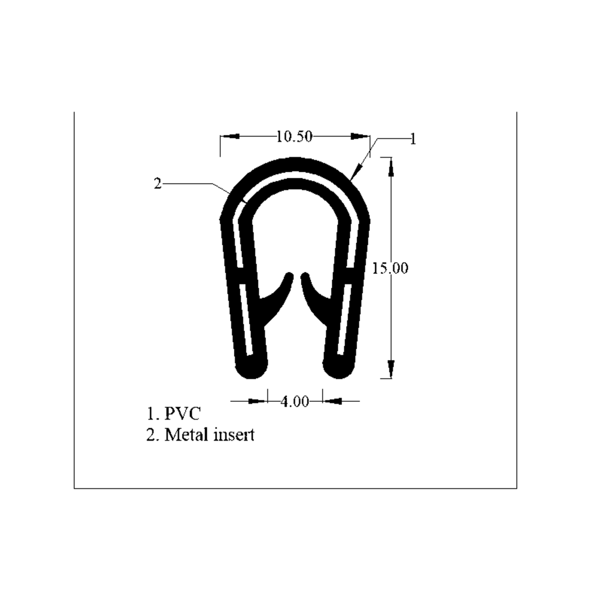 Technical line drawing of black PVC self-grip edging strip profile, dimensions in mm