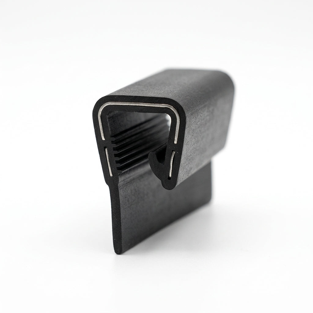 Short block of black PVC edging strip with comb-toothed grip on one leg and hooked clip on the other