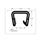 Cross-section diagram of box-shaped edging strip with comb-tooth and hooked metal-lined legs, mm dims