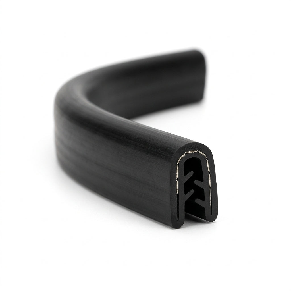 Bent length of black PVC edging strip with a smooth domed cap and toothed metal grip