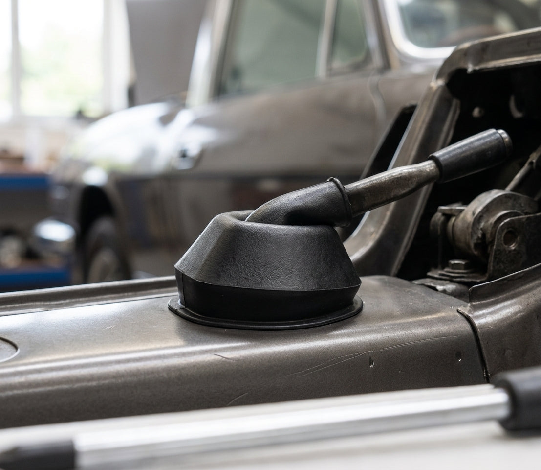 Black rubber gaiter fitted over a boot release lever, angled workshop view