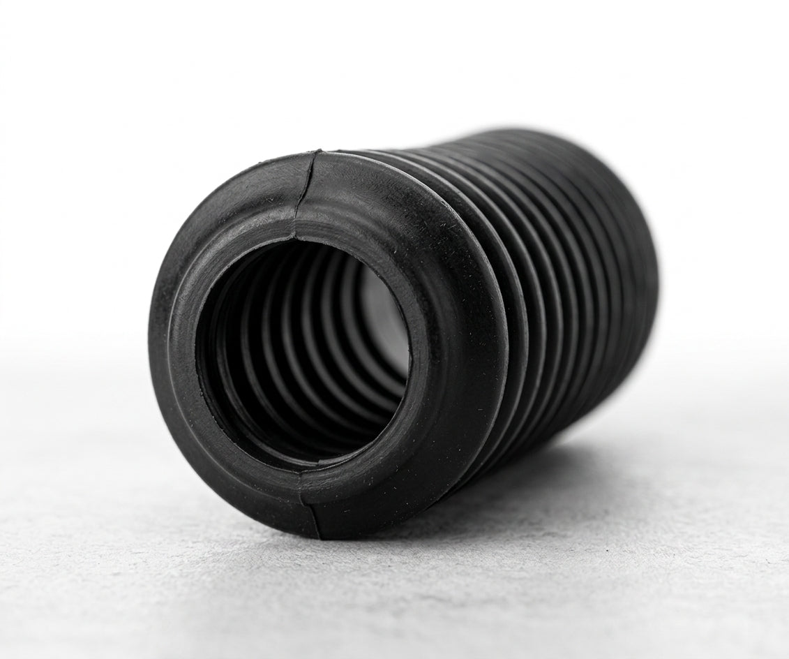 Black ribbed rubber strut gaiter shown end-on, studio shot on grey background