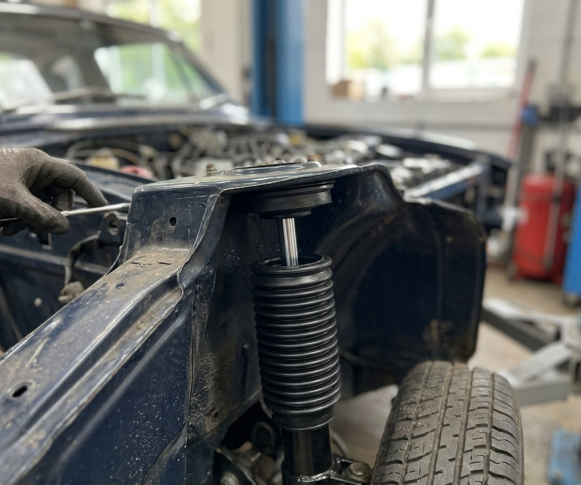 Black concertina rubber gaiter fitted over a front strut in the engine bay