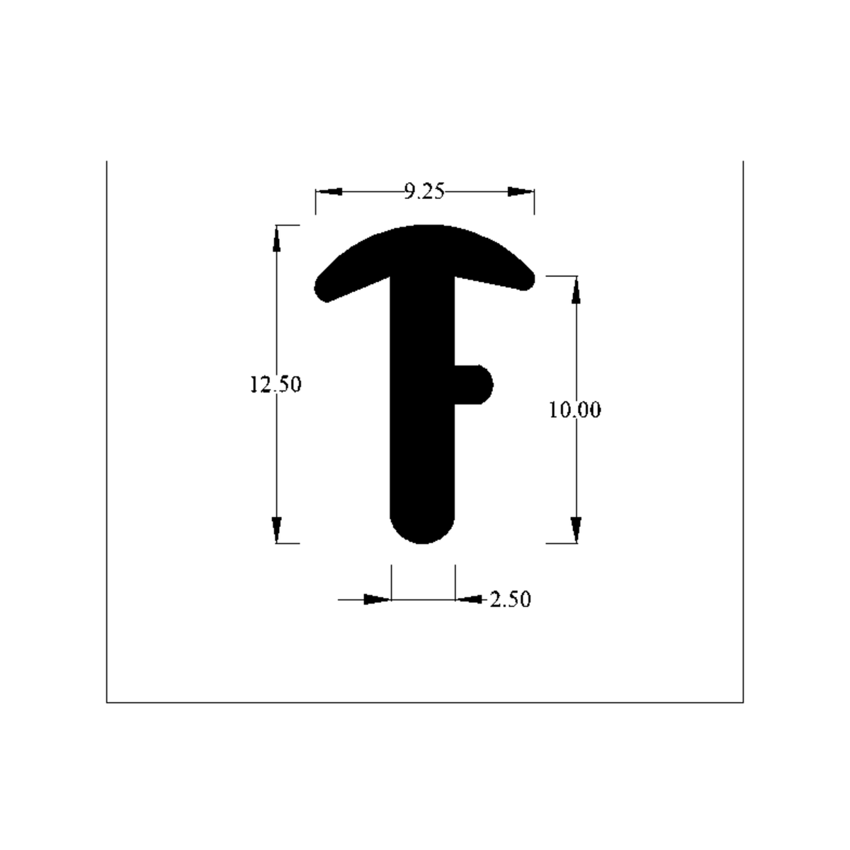 Technical diagram of T-shaped insert strip profile with 9.25, 12.50 and 10.00mm dimensions