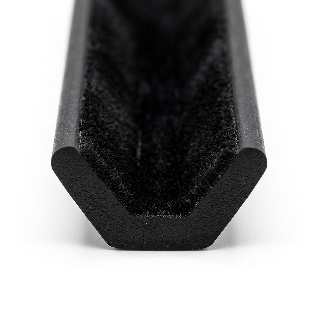 Black EPDM sliding window channel, end-on view showing flocked fibre lining inside V-shaped groove
