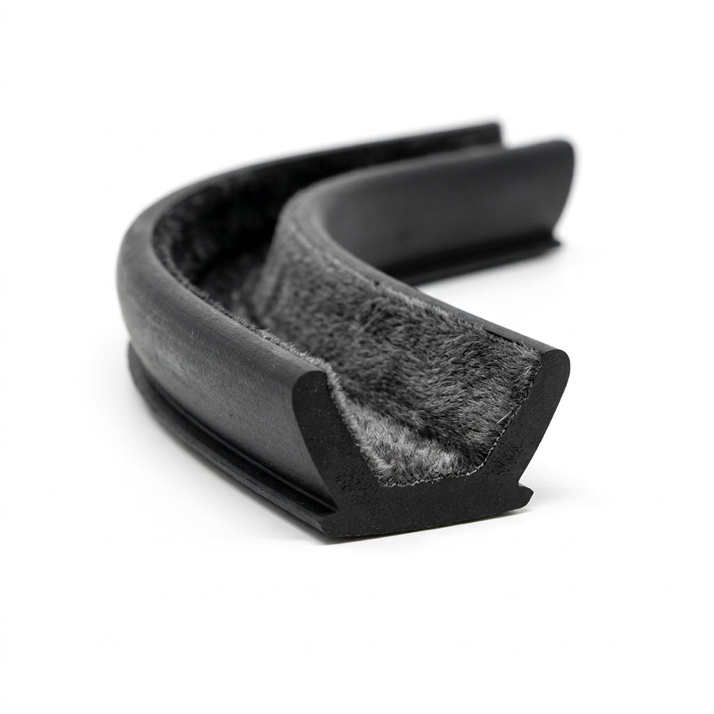 Black EPDM sliding window channel coiled, flocked fibre lining visible inside curved groove