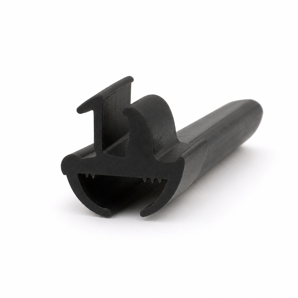 Black rubber window seal end-on, showing flag and gripper channel with cut length
