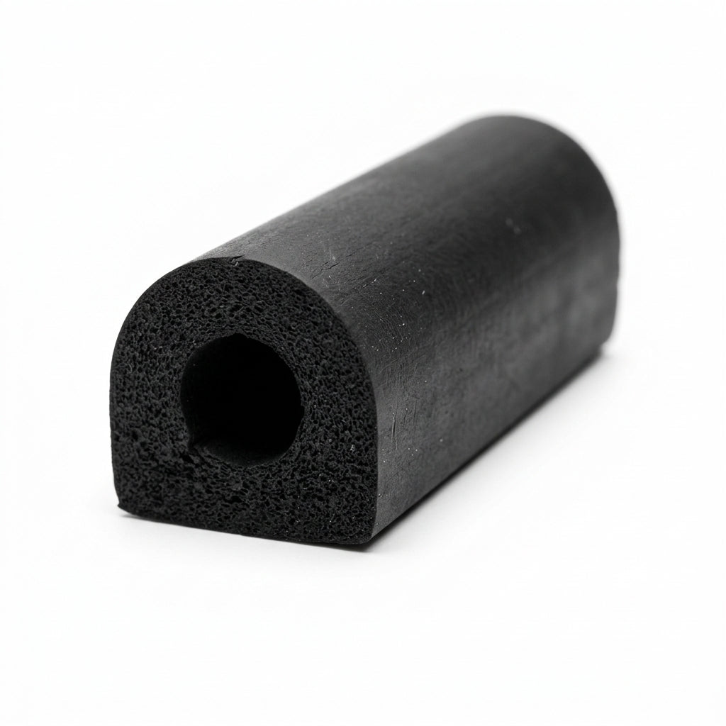 Black D-section sponge rubber extrusion with round hollow bore, cut end on white background