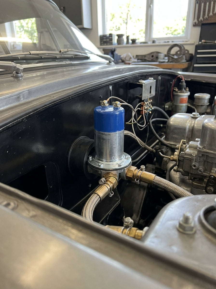 Blue-top electronic fuel pump fitted in the engine bay of a classic MG