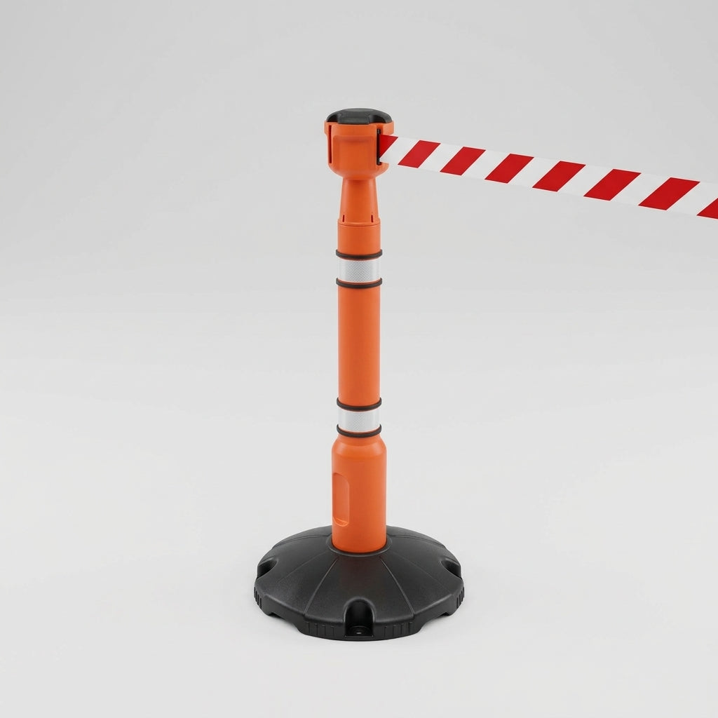 Retractable Barrier Post with Fillable Base and Reflective Strips (view 2)