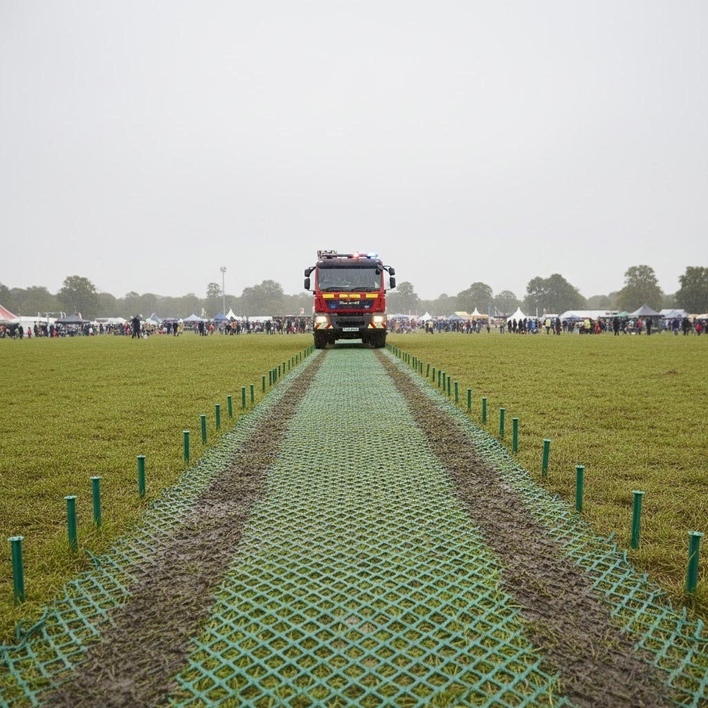 13 mm ground reinforcement mat providing strong, non-slip surface for emergency vehicle access on wet grass