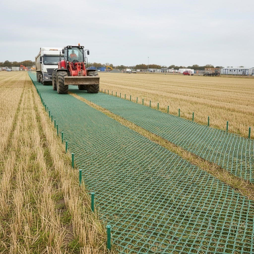 13 mm heavy duty ground reinforcement mat providing stable access route for heavy vehicles.