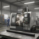 Black acetal rod on a steel bench in front of a CNC lathe in a busy machining workshop