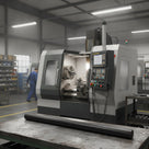 Black acetal rod on a steel bench in front of a CNC lathe in a busy machining workshop