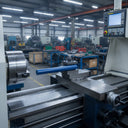 Blue acetal rod resting on a lathe bed in a machine shop with CNC equipment in the background