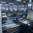 Blue acetal rod resting on a lathe bed in a machine shop with CNC equipment in the background