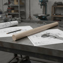 Beige PEEK rod lying on engineering drawings on a steel bench with a pencil and callipers